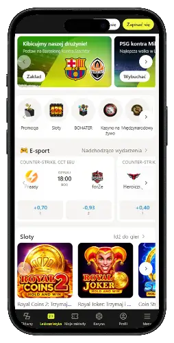 Ekran aplikacji z ofertami zakładów sportowych, e-sportem i slotami, takimi jak Royal Coins 2 i Royal Joker