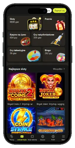 Ekran aplikacji z kategoriami gier kasynowych i najlepszymi slotami, takimi jak Royal Coins 2 i Royal Joker