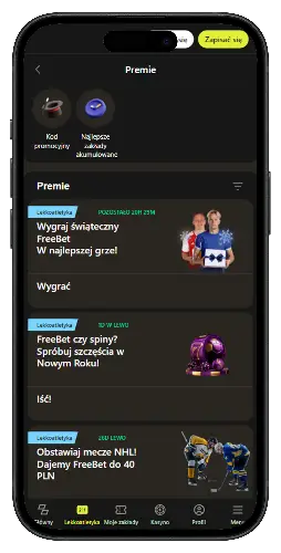 Ekran aplikacji z zakładką Premie i listą ofert FreeBet oraz bonusów